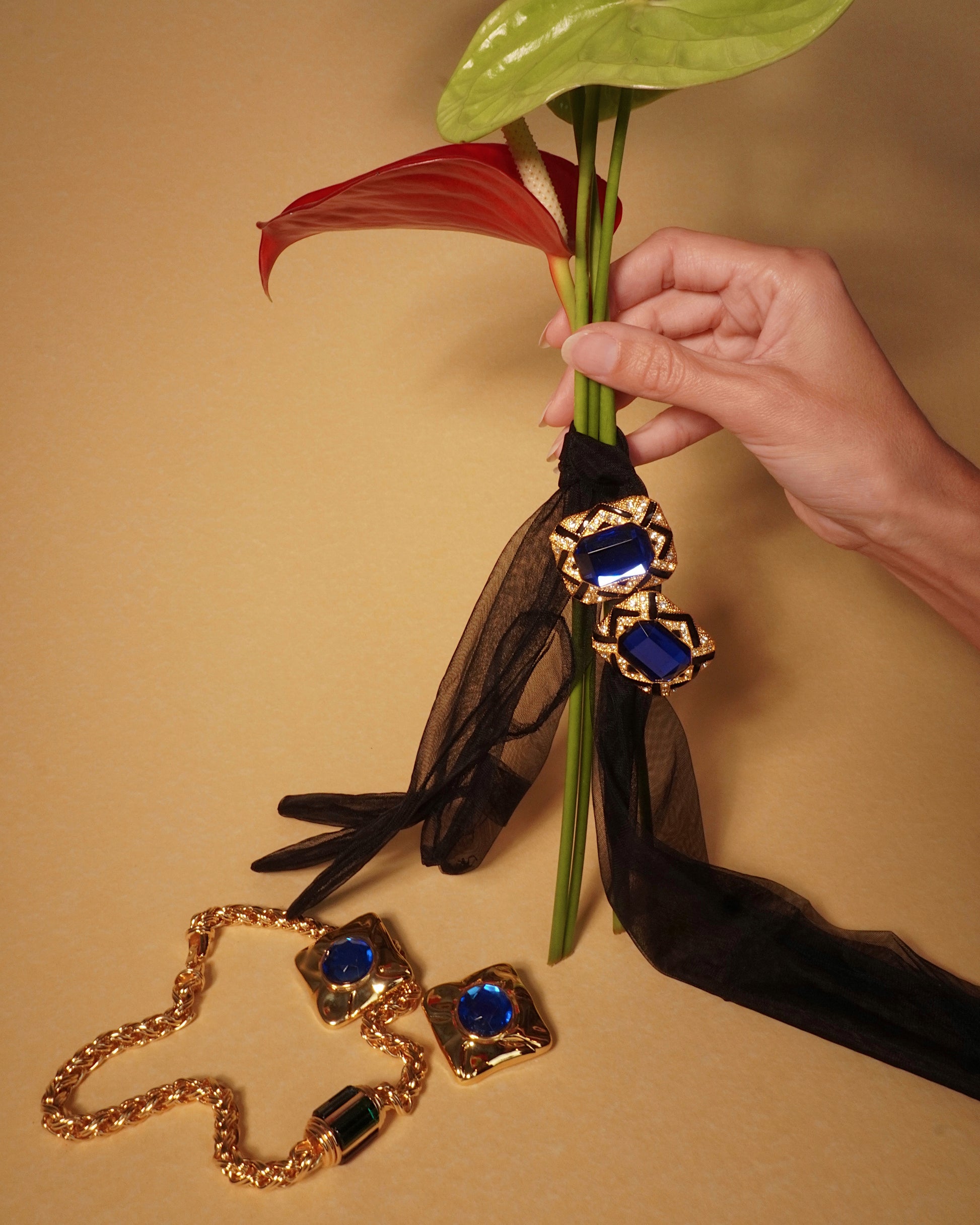 Vintage Large Gold Squares with Blue Stone Clip Ons