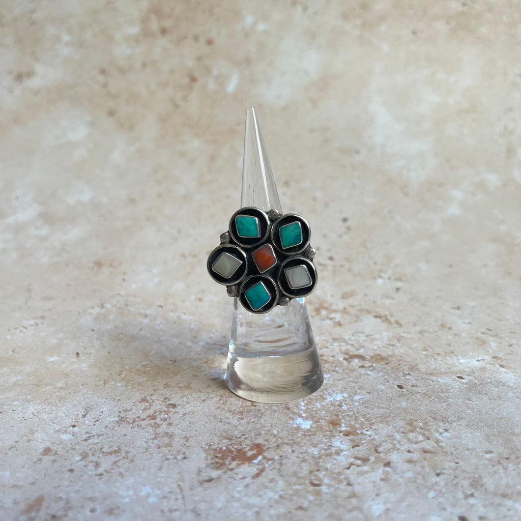 Vintage Zuni Turquoise, Coral and Mother Of Pearl Ring