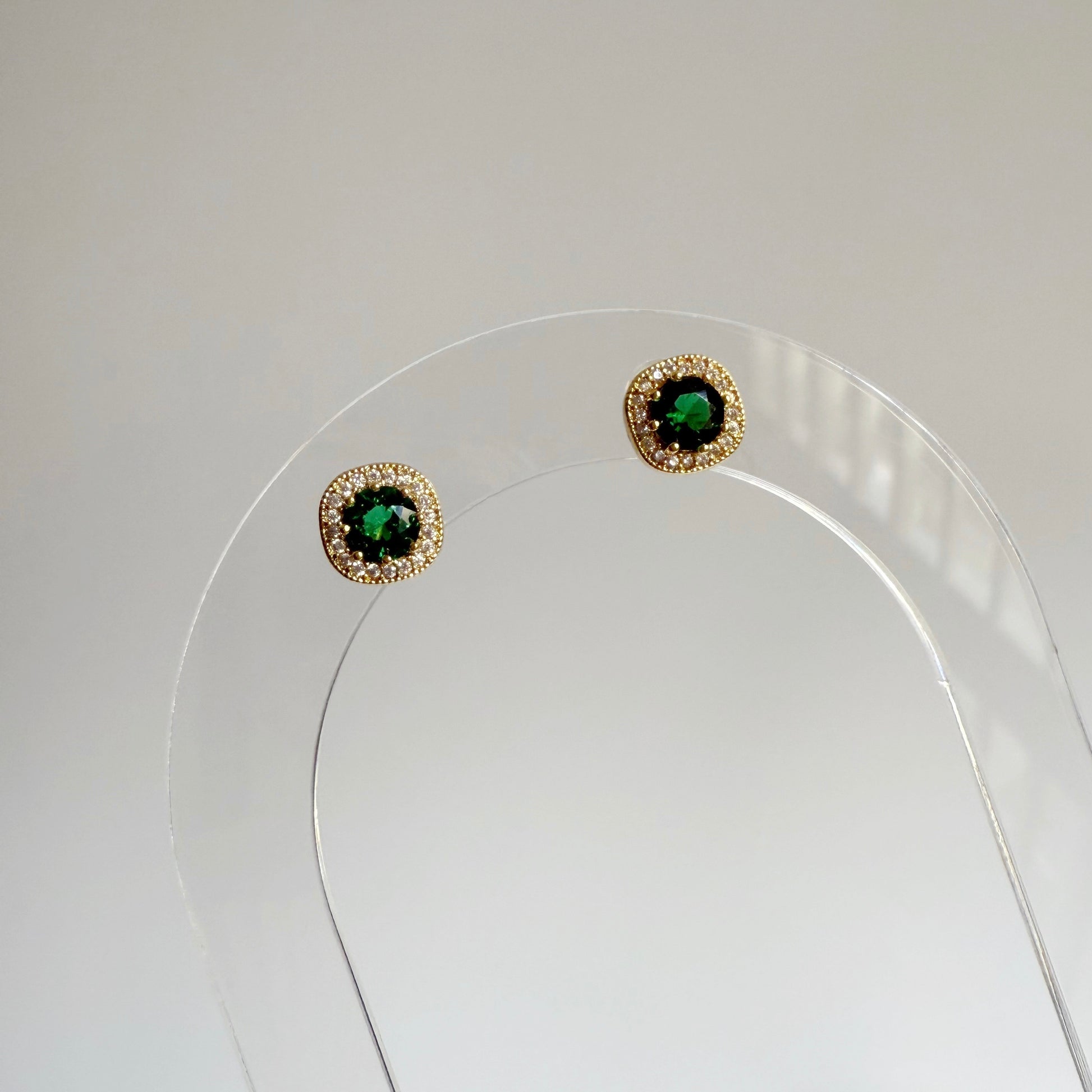Round Emerald studs with CZ accents