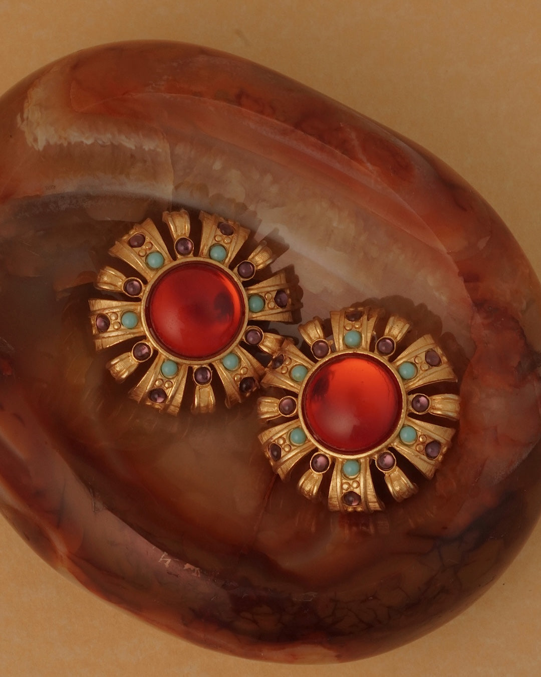 Vintage Craft Round Red Glass Clip On Earrings