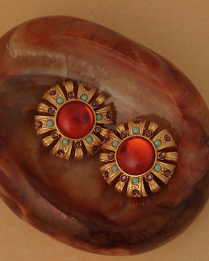 Vintage Craft Round Red Glass Clip On Earrings