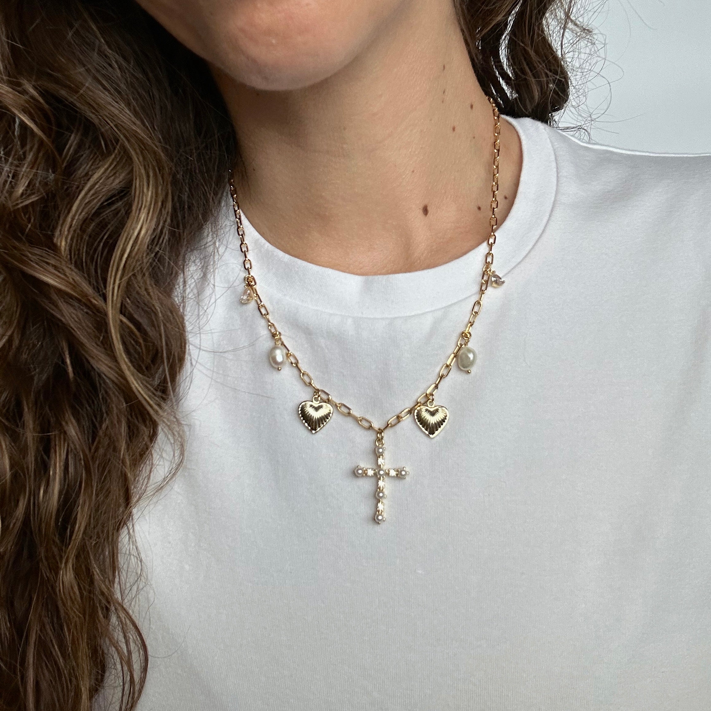 Pearl Cross Charm Necklace