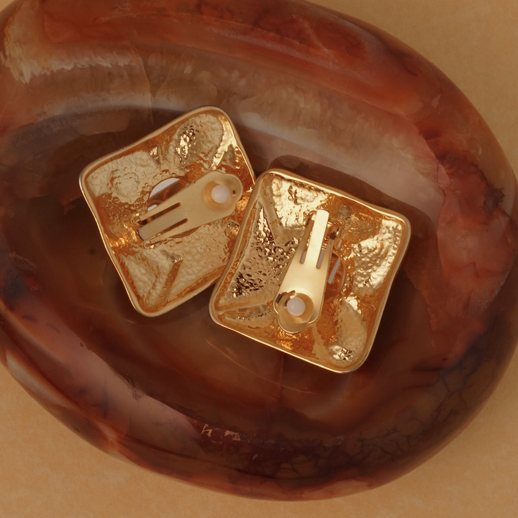 Vintage Large Gold Squares with Blue Stone Clip Ons