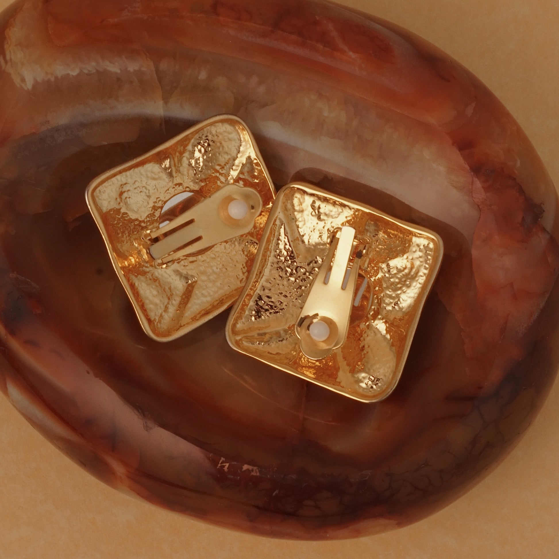 Vintage Large Gold Squares with Blue Stone Clip Ons