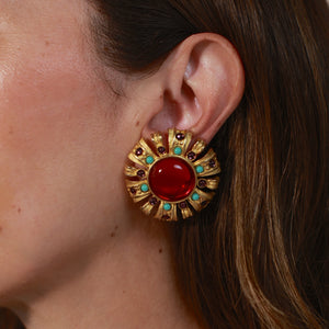 Vintage Craft Round Red Glass Clip On Earrings