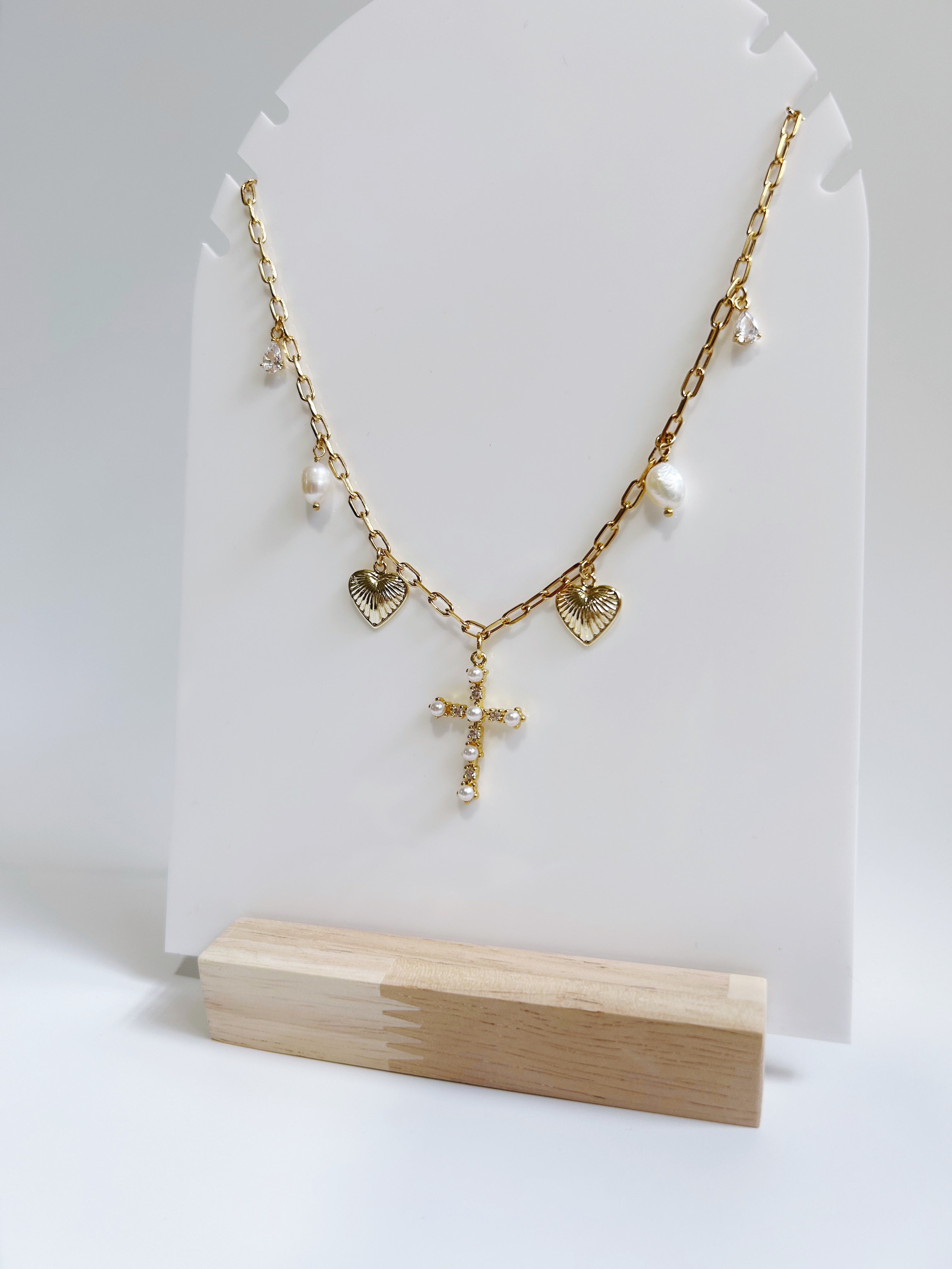 Pearl Cross Charm Necklace