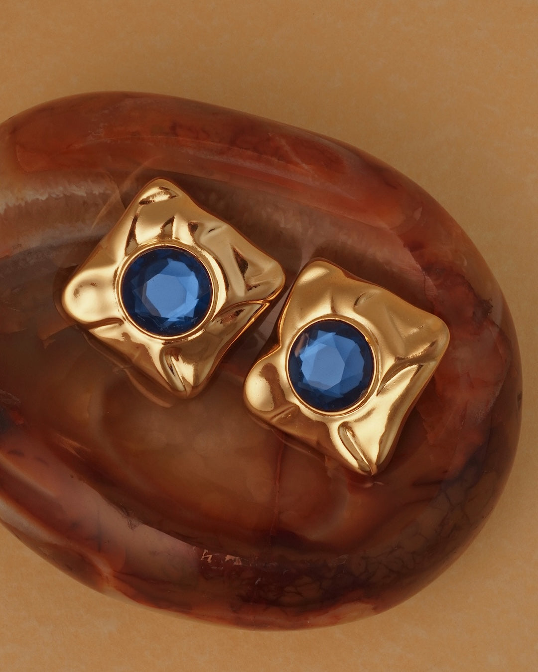 Vintage Large Gold Squares with Blue Stone Clip Ons