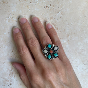 Vintage Zuni Turquoise, Coral and Mother Of Pearl Ring