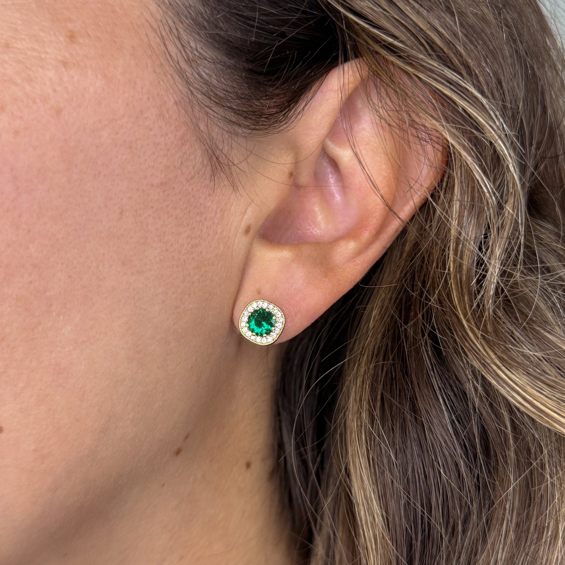 Round Emerald studs with CZ accents