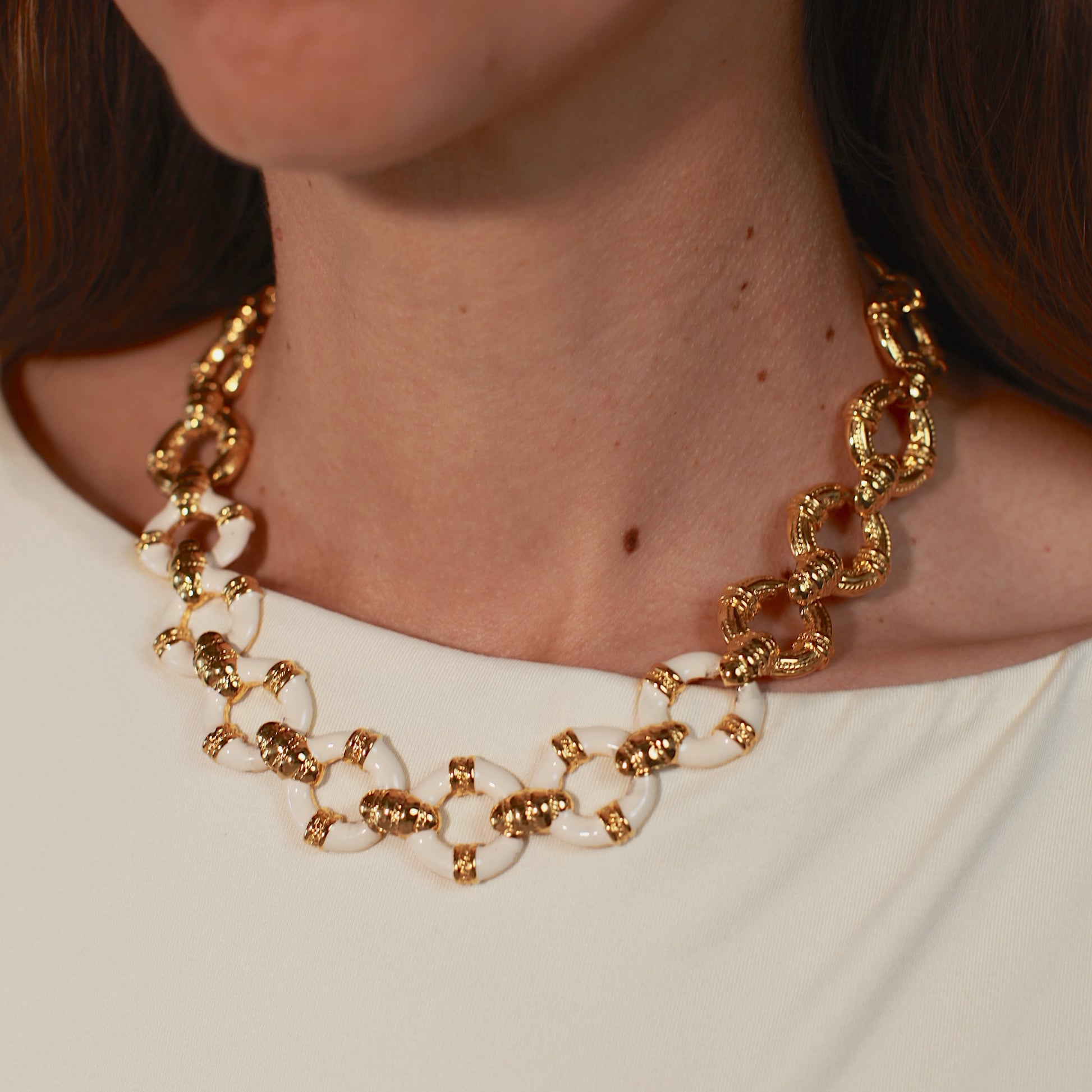 Vintage Anne Klein Gold and White Enamel Statement Necklace