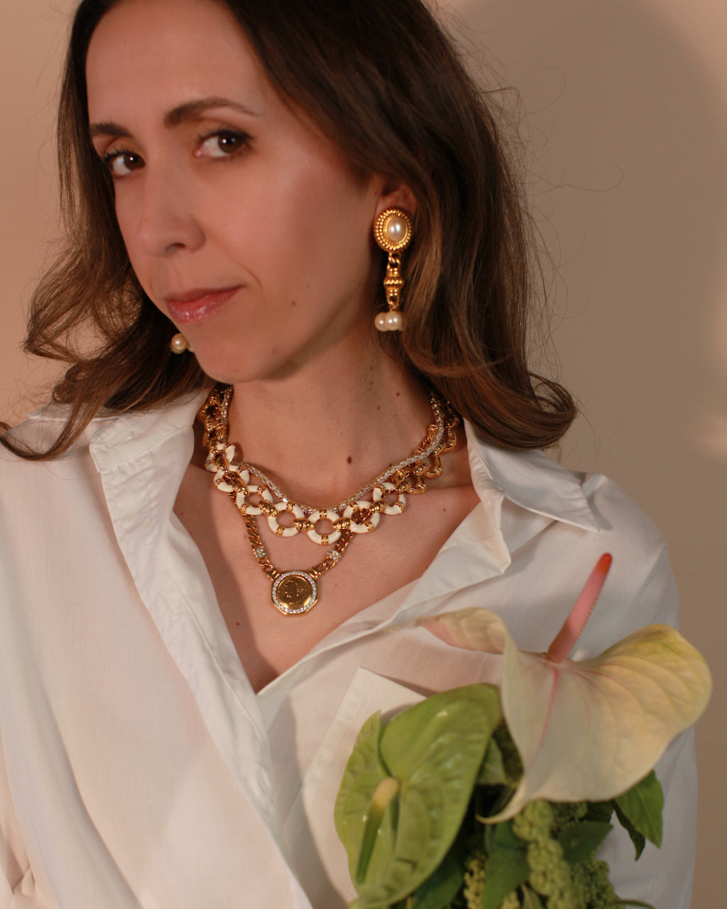 Vintage Anne Klein Gold and White Enamel Statement Necklace