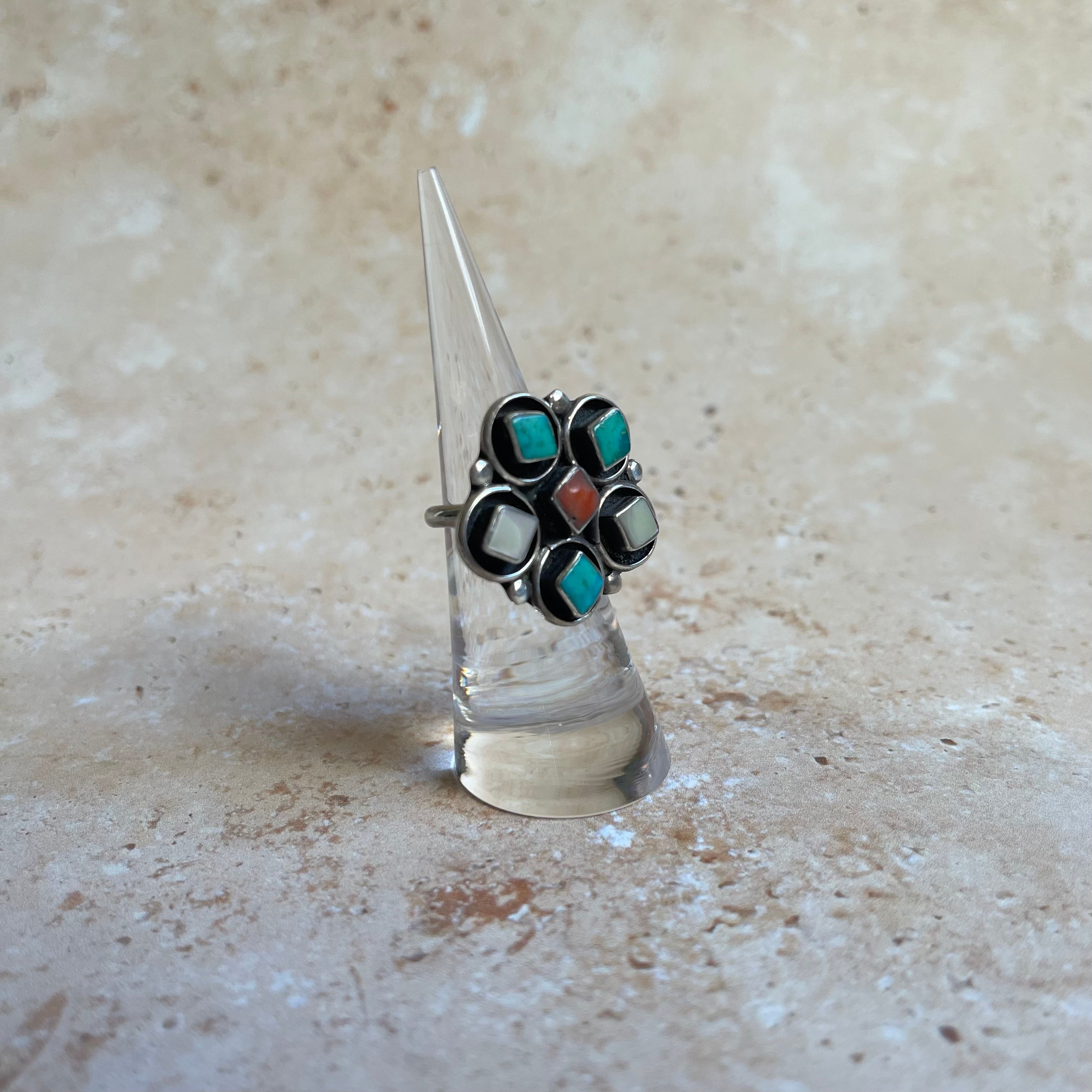 Vintage Zuni Turquoise, Coral and Mother Of Pearl Ring