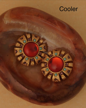 Vintage Craft Round Red Glass Clip On Earrings
