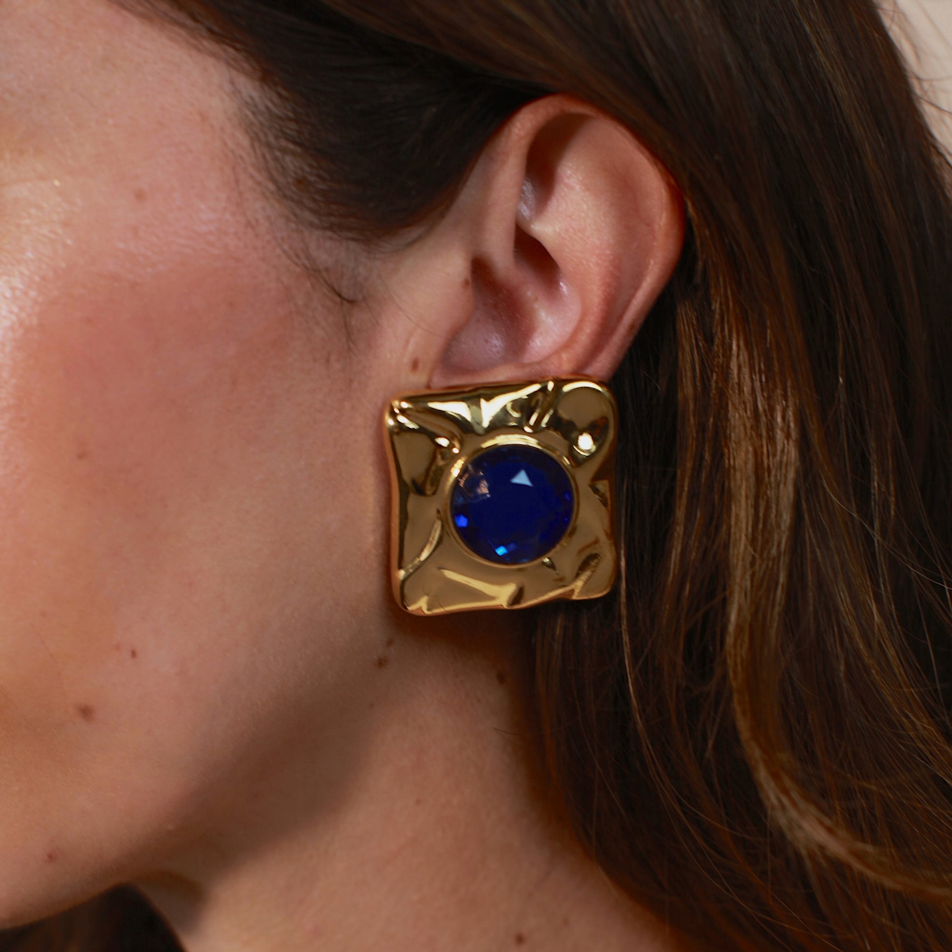 Vintage Large Gold Squares with Blue Stone Clip Ons