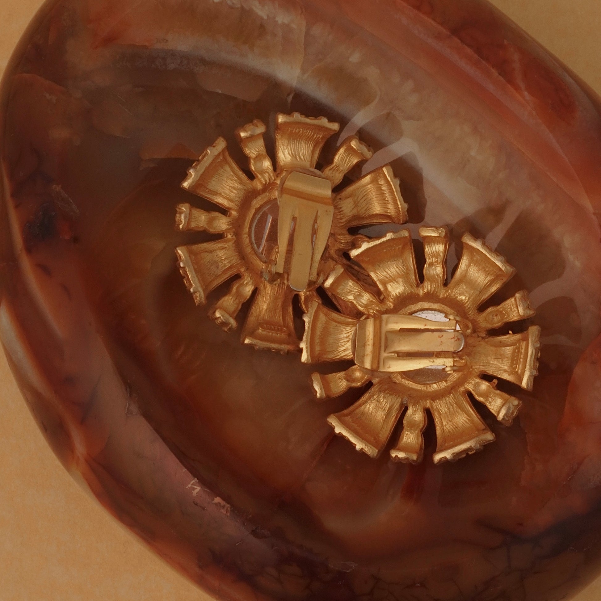 Vintage Craft Round Red Glass Clip On Earrings