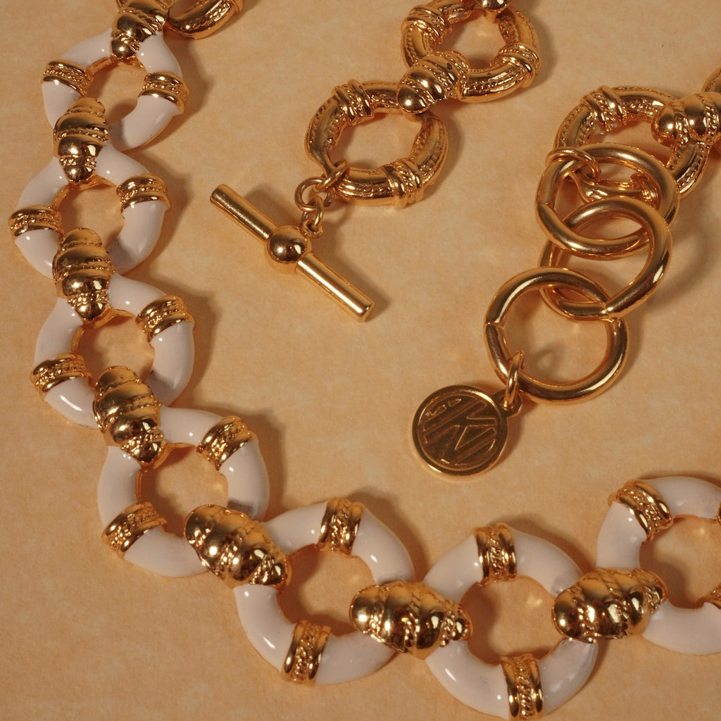 Vintage Anne Klein Gold and White Enamel Statement Necklace
