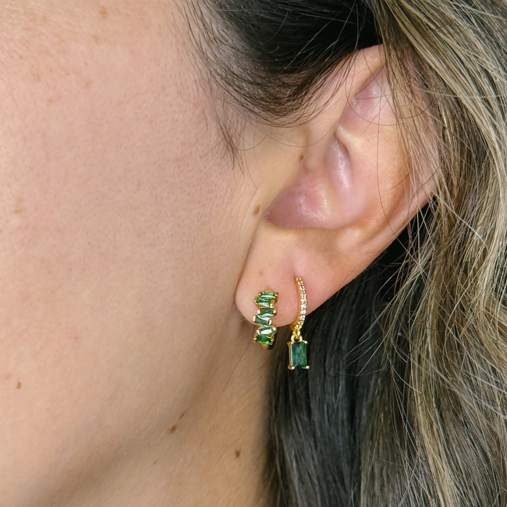 Emerald Baguette Huggies